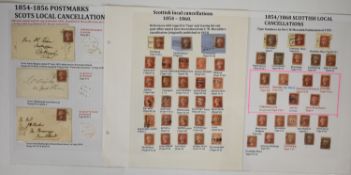 1d red stamps with Scots local cancellations collection on three album pages, various local Scots