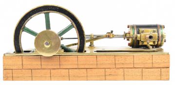 Likely Victorian brass single cylinder horizontal live steam engine with 12.5cm spoked flywheel
