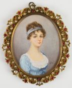 Victorian portrait miniature on ivory of a lady with blue hair band and dress, initialled HR lower
