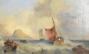 Alfred Montague (1832-1883) oil on canvas seascape, sailing and rowing boats in a choppy sea with