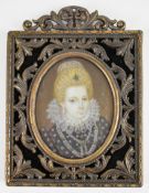 19th century portrait miniature on ivory of a lady in lace ruff with pearl or similar necklace,