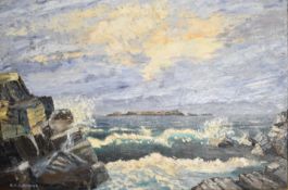 R.A.S. Horner oil on canvas St. Clements Isle Mousehole Cornwall, seascape, signed lower left 49 x