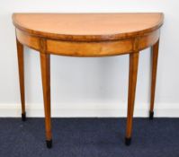 Georgian satinwood fold over games table raised on tapering legs with spade feet, W90 x D45 x H72cm