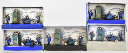 Five Dinky Toys RAC set No. 43, each containing motorcycle with sidecar, tinplate hut and two