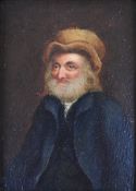 19thC oil on board of a bearded man with hat, in rosewood frame with script verso and typed