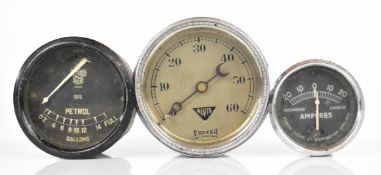 Alvis Eureka 0-60psi vintage or pre-war car oil pressure gauge, Smiths petrol gauge and a Lucas CZ