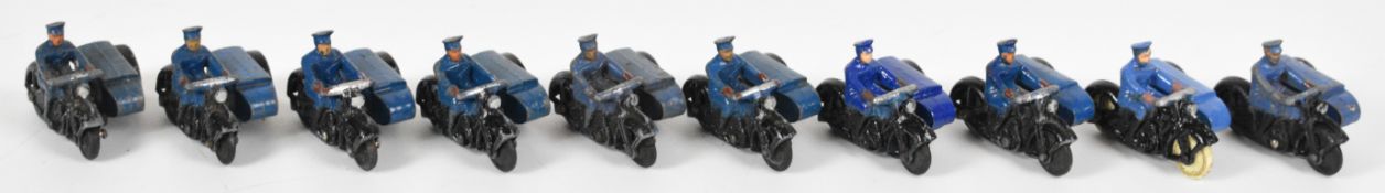 Ten Dinky Toys diecast RAC Motorcycle Patrol, 43B, each with black bike, blue rider and sidecar.