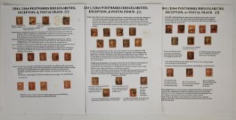 Queen Victoria postal fraud and deception, well written collection of three pages of 1d reds with