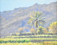 Julian Barrow (1939-2013) oil on canvas Watan, Gubra Bowl, Oman landscape with palm tree and hills