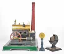 Bing stationary live steam engine with faux brick chimney, lever operated whistle to boiler,