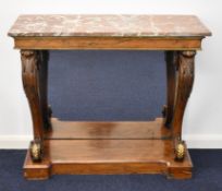 Regency rosewood and marble topped breakfront console table with acanthus decorated scrolling