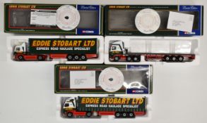 Three Corgi Eddie Stobart 1:50 scale diecast model haulage vehicles comprising MAN Refrigerated