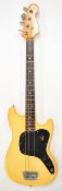 Fender Musicmaster electric bass guitar in yellow finish with maple neck, rosewood fretboard and
