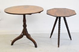 Two 19thC oak and mahogany tables including a cricket table raised on bobbin turned legs, largest
