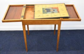 19thC inlaid and crossbanded fold over card or games table with fitted interior, W55 x D55 x H73cm