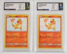 Pokémon TCG - Two Charmander Holo 2019 Sun & Moon 'Hidden Fates' cards, SV6/SV94, graded 9 and 10 by