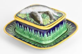 19thC majolica sardine dish, underplate and cover with moulded sardine finials, probably George