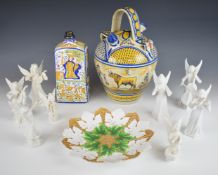 Eight Dresden musician figures, Italian flask, a Spanish Botijo and a Meissen leaf plate, tallest