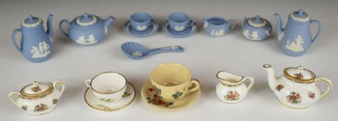 Miniature Wedgwood Jasperware, Coalport tea ware and a Japanese cup and saucer, tallest 6.5cm