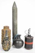 Four practice / inert grenades comprising Polish F1 grenade, striker lever stamped CWICZ, 01-06