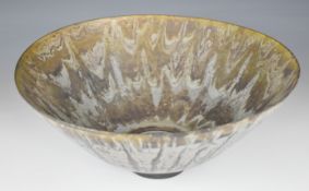Sutton Taylor (b1943) large studio pottery pedestal bowl with green and brown dip glaze, diameter 37