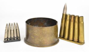 Five inert .55 Boys Anti-Tank Rifle rounds, clip dated 1940, five blanks and a 4.5 inch Howitzer