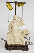19th/20thC blanc de chine figural lamp in the form of Shou-Lao riding a Dog of Fo, on hardwood