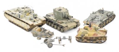 Six 1.35 WW2 scale model tanks comprising a Soviet KV-2, SU-122, T-35 and a Polish 7TP tank