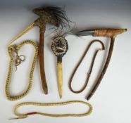 Papua New Guinea carved stone, bone and wood tribal axes and mask, including a braided straw work