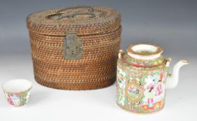 19th/20thC Chinese famille rose teapot and cup, in woven container, H30cm