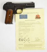 Deactivated Browning M1900 .32 semi-automatic pistol with wooden grips, frame stamped 'Browning's