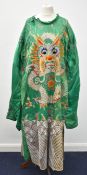 19th/20thC Chinese green silk robe embroidered with a three clawed dragon, W216 x L142cm