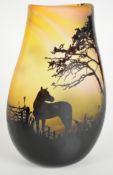 Ed Burke for E & M / EM Glass cameo vase from the Country Scene range with decoration of horses