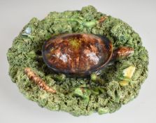 Portuguese Jose A Cunha Palissy bowl with figural turtle centrepiece, diameter 24cm