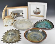 Richard Goodwin Jones framed ceramic and driftwood collage, Ned Heywood and Ewenny Pottery dishes