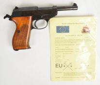 Deactivated German Walther P38 9mm semi-automatic pistol with chequered wooden grips and fixed