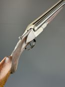 Belgian 12 bore side by side shotgun with engraved locks, underside, trigger guard, thumb lever