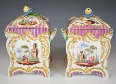 Pair of Berlin covered twin handled porcelain tea caddies decorated with Watteau scenes