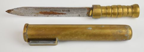 Diving knife with 20.5cm blade stamped Nemrod, Spain and brass ribbed handle, in brass tube