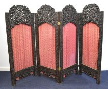 19thC Anglo Indian carved four division screen decorated with snakes, deities, flora and fauna, W240