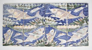 After William de Morgan eight Persian fish tiles, 15.5 x 15.5cm