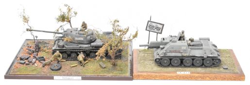 Two WW2 scale model dioramas comprising a 1/35 scale Soviet IS-2 / JS-2 tank with infantry in a