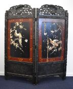 19th/20thC Japanese shibayama two division screen with carved, mother of pearl and lacquer