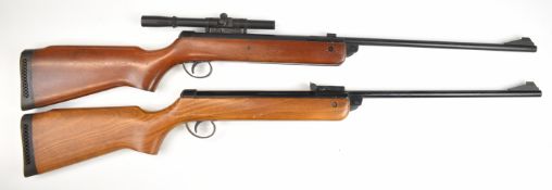 Two BSA Meteor Mk. III .22 air rifles, each with semi-pistol grip and raised cheek piece, one with