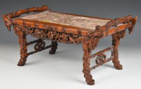 19th/20thC Chinese marble inset twin handled carved oblong jardiniere stand with decoration of flora