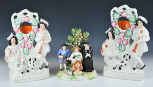 19thC Derby or similar 'Tithe Pig' figural group with bocage decoration and gold anchor mark