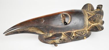 19thC African tribal Ghana carved wood bird face mask with open beak, H43cm