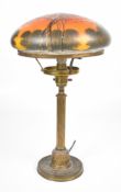 Daum (attributed) etched orange glass and gilt metal table lamp with enamelled winter landscape,