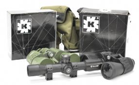 Three gun or shooting accessories comprising Valiant Themys 10x32 scope and two pairs of Konus