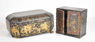 Chinese lacquer workbox and a Japanese three drawer jewellery cabinet, largest W32cm